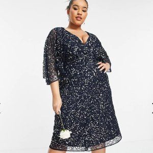 Maya Deluxe Curve delicate sequin wrap midi pencil dress in navy